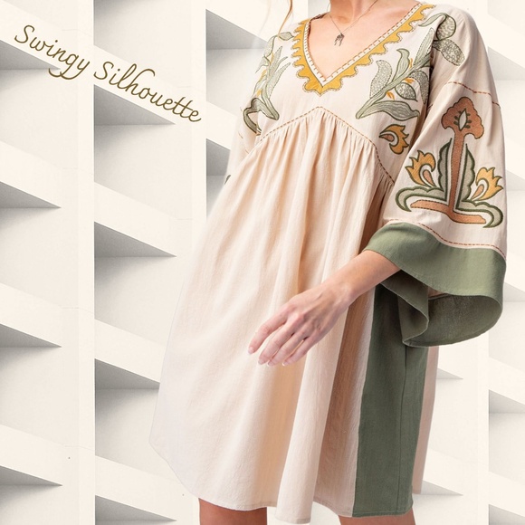 EASEL "Desert Flower" Xtra Full Comfy Linen-Look Embroidered Tunic Dress Pockets - Picture 9 of 15